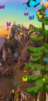 Colorful butterflies flutter around a pine tree on a mountain landscape wallpaper.