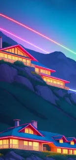 Neon-lit mountain cabins at twilight with vibrant colors and a starry sky.