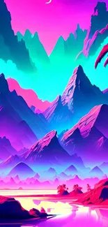 Vibrant mountain landscape with colorful sky in digital art style.