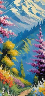Vibrant nature wallpaper with mountains and colorful flowers.