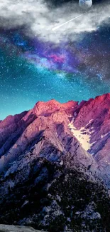 Vibrant galaxy over pink mountains with a turquoise sky.