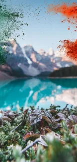 Vibrant mountain lake wallpaper with colorful splashes of red and green.