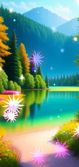 Vibrant mountain lake with colorful flora and lush green forests.