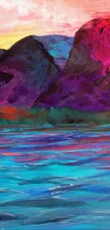 Vibrant abstract mountain lake wallpaper with vivid pink and blue hues.