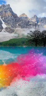 Colorful and serene mountain lake wallpaper with vibrant splashes.