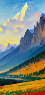 Vibrant mountain landscape painting with colorful scenery.