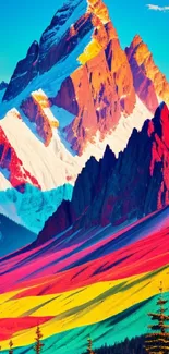 Vibrant, colorful mountain landscape wallpaper with artistic hues.