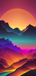 Vibrant digital landscape with colorful mountains and surreal sunset.