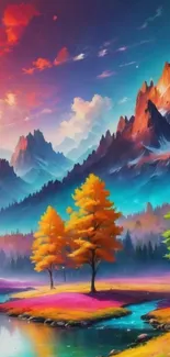 Vibrant mountain landscape with colorful trees.