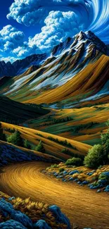Vibrant mountain landscape with swirling skies and lush colors.