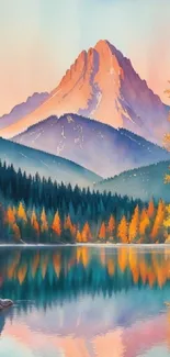 Vibrant mountain scene with autumn colors and lake reflection.