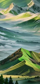 Artistic mountain landscape with lush hills and snow peaks.