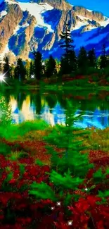 Mountain landscape with lake and vibrant foliage under a clear blue sky.