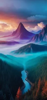 Vibrant mountain landscape with colorful sky and misty river.