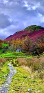 Vibrant mountain landscape with vivid colors and a serene path.