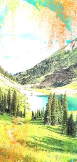 Colorful mountain landscape with lake and artistic splashes.