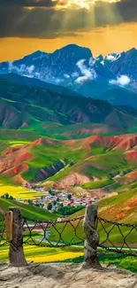 Vibrant mountain landscape with lush valleys and sunset.