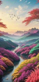 Vibrant colorful mountain landscape with a serene river at sunset.