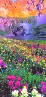 Vibrant mountain landscape with vivid wildflowers.