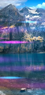 Vibrant mountain and lake scene with purple and blue hues.