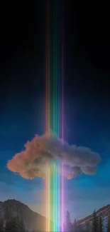 Rainbow light beam over mountain and cloud at night.