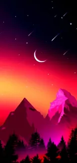 Vibrant mountain scene with a colorful night sky and crescent moon.