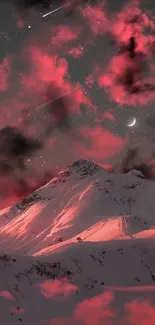 Mountain under vibrant pink night sky with clouds.