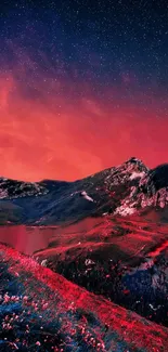 Vibrant red and blue mountain nightscape with starry sky.