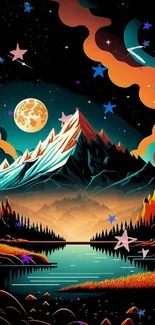 Illustrated mountain with vibrant colors under a glowing moonlit sky.