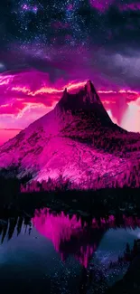 Vibrant magenta mountain under a starry night sky and lake reflection.