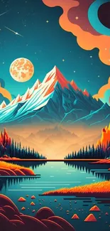 Colorful mountain nightscape digital wallpaper with moon and lake reflections.