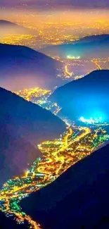 Vibrant mountain nightscape with glowing city lights.