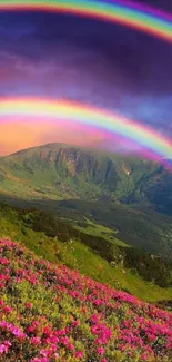 Vibrant rainbow over mountains with flowers in foreground.