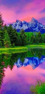 Vibrant mountain and forest reflection at sunset over calm water.