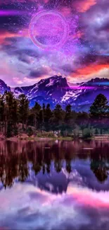 Vibrant mountain scene with purple sky and reflection.