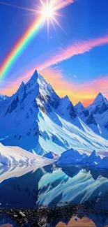 Vibrant mountain scene with rainbow reflecting on water, set against blue sky.