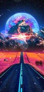 Surreal neon mountains with a cosmic backdrop and endless road.