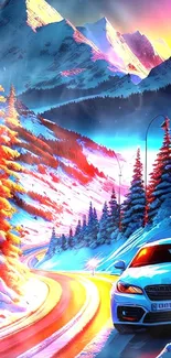 Vibrant mountain road with winter colors on mobile wallpaper.