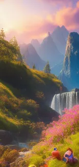 Vibrant mountain landscape with waterfall and lush greenery.