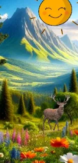 Vibrant mountain landscape with deer and flowers under a cartoon sun.
