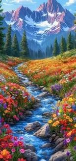 Vibrant mountain stream with colorful wildflowers and peaks.