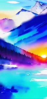 Vibrant watercolor mountain sunrise wallpaper with rich blues and warm hues.