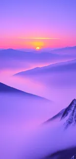 Vibrant sunrise over misty mountain landscape with colorful sky.