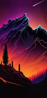 Vibrant mountain sunset drawing with purple and orange hues.