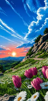 Vibrant mountain sunset with flowers and rocky slopes.