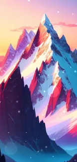 Vibrant mountain sunset with colorful peaks and scenic views in digital art.