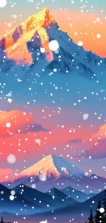 Mountain sunset with vibrant colors and snow-capped peaks on phone wallpaper.