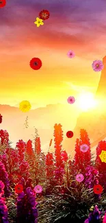 Vibrant sunset over mountains with pink wildflowers.