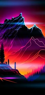 Vibrant neon sunset over mountains with pine trees and colorful sky.