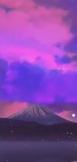 Vibrant purple and pink sunset over a majestic mountain landscape.